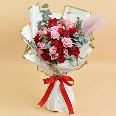 Red and Pink Roses Beauty, Elegant Bouquet Delight, Red Rose, Light Pink Spray Rose, Pampus Cortaderia Dry Flower, Cinerea Eucalyptus Filler, Wrapped, Ribbon